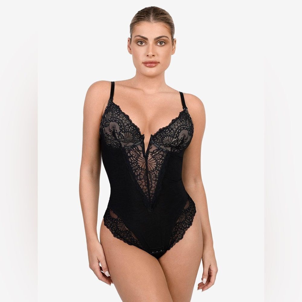 Popilush Shapewear Lace Deep V-Neck Sculpting Thong Bodysuit NWT Black XL